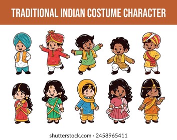 Kids character wearing Indian traditional vector illustration set