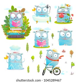 Kids characters in action fun collection. Reading cycling studying eating little monsters clip art. Vector illustration.