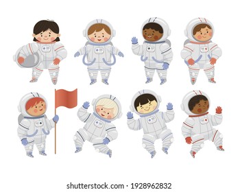 Kids characters in astronaut suites in various poses. Little girls and boys of different nationalities and space. Vector set in cartoon style on white background