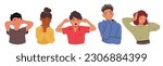 Kids Characters Cover Eyes, Ears, And Mouth To Play "peekaboo" Or Block Out Sensory Input. Children Regulate Their Sensory Experiences, Avoid to See, Hear and Talk. Cartoon People Vector Illustration