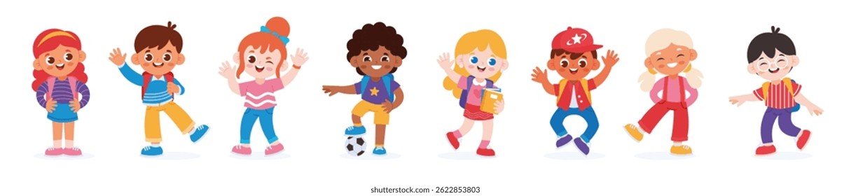 Personagens infantis. Grupo de crianças bonitas. Criança feliz da escola, criança do jardim de infância, meninos e meninas em poses diferentes com rostos sorridentes. Crianças ficando, pulando, acenando. Conjunto de vetores.