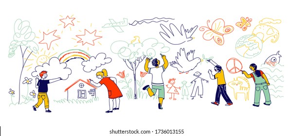 Kids Characters of Different Nationalities Painting and Drawing with Chalk Pencils on White Wall. Peace or International Children Day Concept. Friendship, Education. Linear People Vector Illustration