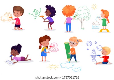 Kids characters are drawing on white walls. Children international day. Summer children activities. Vector illustrations.