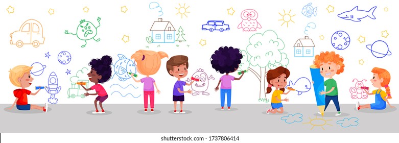 Kids characters are drawing on white walls. Children international day. Summer children activities. Vector illustrations.