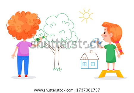 Kids characters are drawing on white walls. Children international day. Summer children activities. Vector illustrations.