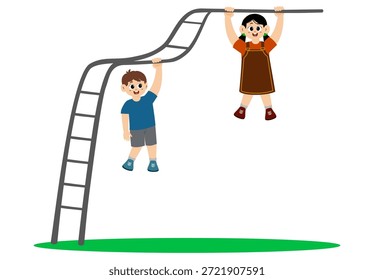 Los personajes de los niños cuelgan alegremente de los bares de monos, jugando colgando en el parque. Ilustración vectorial