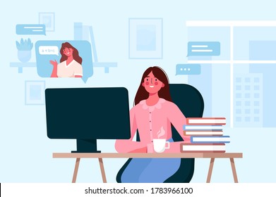 Kids characters learn remotely. Girl sitting at desk, looking at computer screen and Studying Online distance education. Home schooling by tutor or online teacher. Isolation at home.