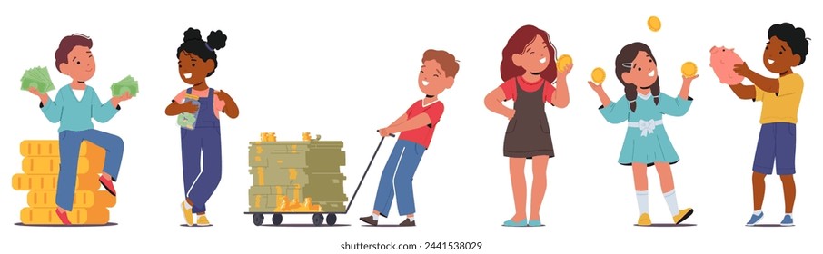 Kids Characters With Money. Children Empower Financial Literacy and Education. Learn Money Basics, Saving, And Smart Spending To Instill Lifelong Financial Responsibility. Cartoon Vector Illustration