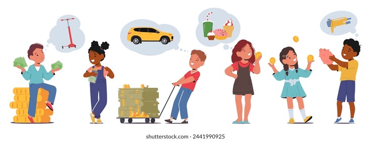 Kids Characters With Money Dreamily Plan Their Purchases Of Candy And Toys, Envisioning Gleaming Treasures, Laughter-filled Games And Joy Of Owning Coveted Delights. Cartoon People Vector Illustration