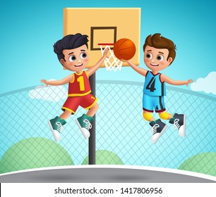 Kids Characters Playing Basketball Vector Illustration.Young School Boys Wearing Basketball Uniform Playing  In The Court Playground. Vector Illustration.