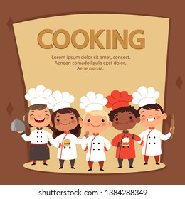 Kids characters prepare food. Cooking kids chefs banner vector template