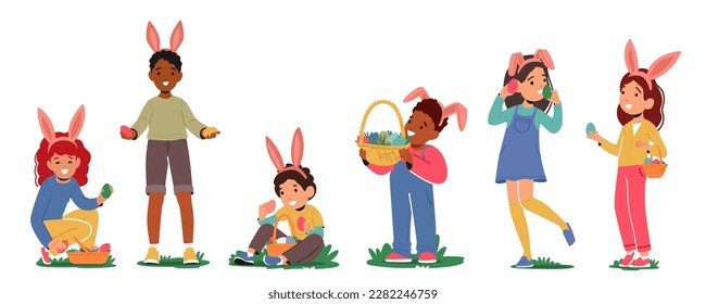 Kids Characters With Rabbit Ear Headband Joyfully Hunts For Easter Eggs In A Grassy Field With A Basket In Hands. Easter Event Or Family-friendly Holiday Activities. Cartoon People Vector Illustration