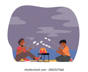 Kids Characters Roast Marshmallow on Fire. Little Boys Friends in Summer Camp Sitting at Bonfire at Night Telling Stories and Eating Sweets, Night Bbq, Picnic. Cartoon People Vector Illustration