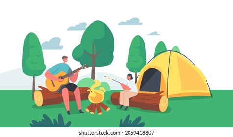Kids Characters Roast Marshmallow on Fire and Playing Guitar at Camp Tent. Little Boy and Girl in Summer Camping Sitting at Bonfire Eating Sweets in Bbq or Picnic. Cartoon People Vector Illustration