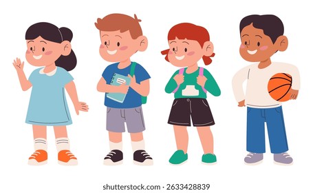 Kids characters with school supplies collection. Set of boys. and girls pupils with notebook, backpack and basketball. Preschoolers children teenagers in different poses, clothes. Vector illustration.