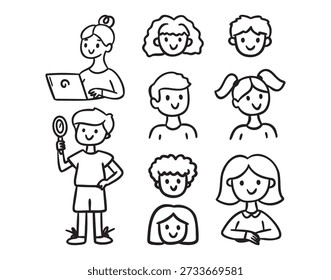 Kinder Figuren Set, Junge mit Lupe, Mädchen am Schreibtisch und mit Laptop, Linie Kunst Kontur, monochrom, handgezeichnet. Vektorgrafik.