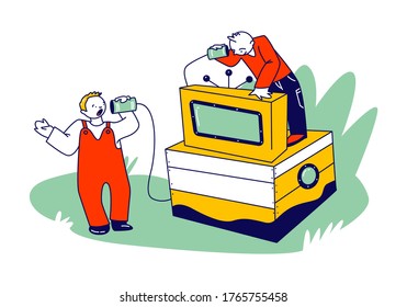 Kids Characters Speaking by Retro Deaf Phone or Can Telephone made of Tin Jars Connected with Rope Looking on Vintage TV Set. Communication, Technologies of Past. Linear People Vector Illustration