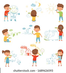 Kids Characters Standing And Drawing With Felt Pens On The Wall Vector Illustrations Set