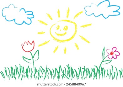 Kids Holzkohle Zeichnen Sonnenwolken Grasblumen Frühling Welt Vektorillustration