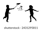 Kids chasing butterflies vector silhouette.	