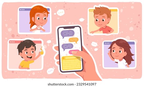 Kids chatting online in smartphone app. Boy, girl child persons communication by messages, hand texting in mobile phone application. Web conversation chat technology concept flat vector illustration