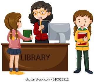 Kids check out books from library illustration