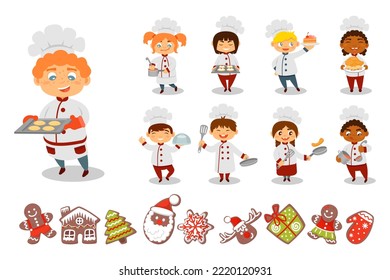 Kids Chef in Toque Cooking Food and Gingerbread Holiday Treat Big Vector Set