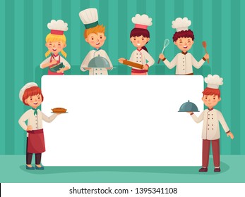 Kids chefs frame. Children cooks, little chef cooking food and restaurant kitchen students cartoon vector illustration