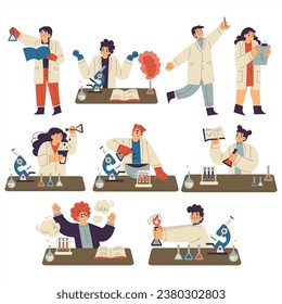 Kids Chemist and Scientists in Chemistry Lab Doing Scientific Experiment Vector Set