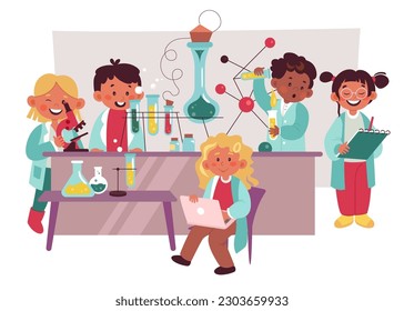 Niños con ilustraciones planas de química. Niñas y niños pequeños que realizan experimentos, revisan el microscopio, estudian moléculas. Laboratorio con tubos de ensayo. Elementos de diseño de lección escolar