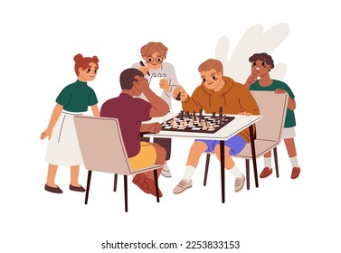 Kids, chess players during board tournament. Children, smart boys and girls, opponents playing chessboard game, sitting at table at competition. Flat vector illustration isolated on white background