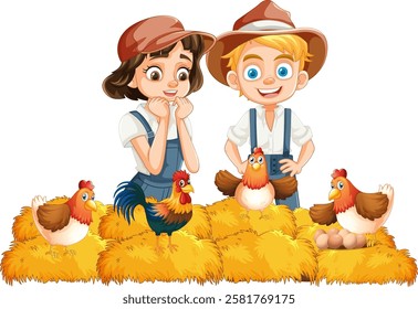 Kids and chickens on hay bales, smiling happily