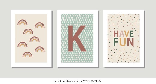 Kids, child art interior home decor. Letter K. 3 pieces frame canvas wall art. Colorful prints with shapes rainbow have fun. Element for design. Three vertical frame posters on floor with white walls