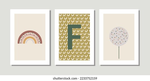 Kids, child art interior home decor. Letter F. 3 pieces frame canvas wall art. Colorful prints with shapes, Rainbow, balloon. Element for design. Three vertical frame posters on floor with white walls