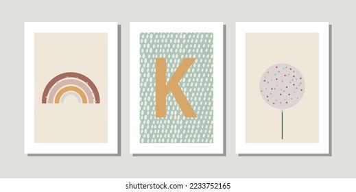 Kids, child art interior home decor. Letter K. 3 pieces frame canvas wall art. Colorful prints with shapes, Rainbow, balloon. Element for design. Three vertical frame posters on floor with white walls