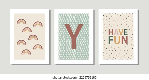 Kids, child art interior home decor. Letter Y. 3 pieces frame canvas wall art. Colorful prints with shapes rainbow have fun. Element for design. Three vertical frame posters on floor with white walls