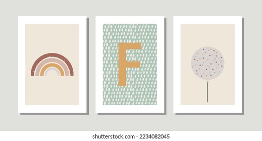 Kids, child art interior home decor. Letter F. 3 pieces frame canvas wall art. Colorful prints with shapes, Rainbow, balloon. Element for design. Three vertical frame posters on floor with white walls