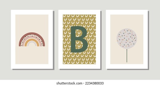 Kids, child art interior home decor. Letter B. 3 pieces frame canvas wall art. Colorful prints with shapes, Rainbow, balloon. Element for design. Three vertical frame posters on floor with white walls
