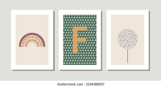 Kids, child art interior home decor. Letter F. 3 pieces frame canvas wall art. Colorful prints with shapes, Rainbow, balloon. Element for design. Three vertical frame posters on floor with white walls