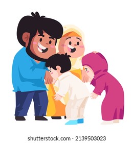 Kids childrean show respect kissing parents hand illustration of ramadan ied islamic gesture tradition to father and mother