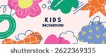 Kids and children background vector. Fun Childish hand drawn doodle design. Playful cartoon design for packaging design, wallpaper and print.