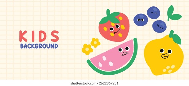 Vetor de fundo para crianças e crianças. Divertido Desenho infantil mão desenhado doodle com fruta. Design de desenho animado divertido para design de embalagem, papel de parede e impressão.