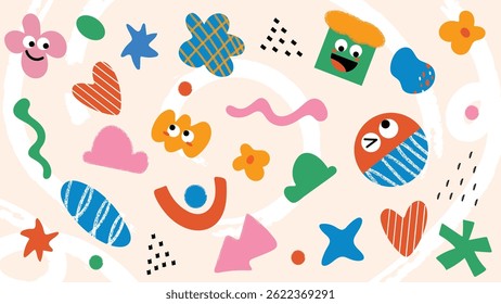 Kids and children background vector. Fun Childish hand drawn doodle design. Playful cartoon design for packaging design, wallpaper and print.