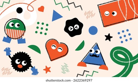 Kids and children background vector. Fun Childish hand drawn doodle design. Playful cartoon design for packaging design, wallpaper and print.