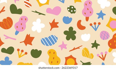 Kids and children background vector. Fun Childish hand drawn doodle design. Playful cartoon design for packaging design, wallpaper and print.