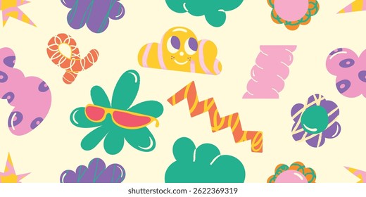 Kids and children background vector. Fun Childish hand drawn doodle design. Playful cartoon design for packaging design, wallpaper and print.