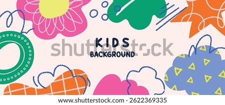 Kids and children background vector. Fun Childish hand drawn doodle design. Playful cartoon design for packaging design, wallpaper and print.