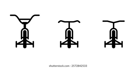 Kids or children bike with side wheels. World Bicycle day, health day. Sport velocipede tools. Cyclist, cycling symbol. For school or play. Children bicycles silhouettes. Little bike or bicycle.