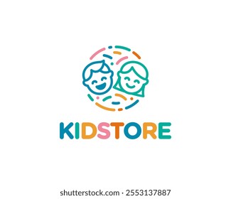 Kids Children Boy Girl Happy Cheerful Playful Colorful Line Art Vector Logo Design Illustration