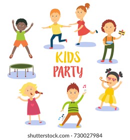 Kids, children, boys and girls having fun at birthday party, flat cartoon vector illustration isolated on white background. Kids party - boys and girls sing, dance, eat birthday cake, jump and run